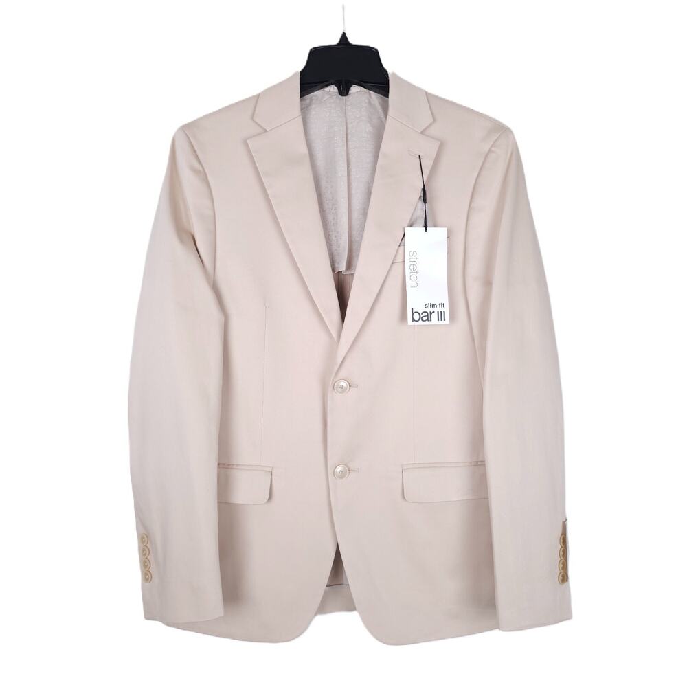 Bar III Mens Slim Fit Suit Jacket Blazer 38L Tan Solid Stretch Cotton Blend NWT